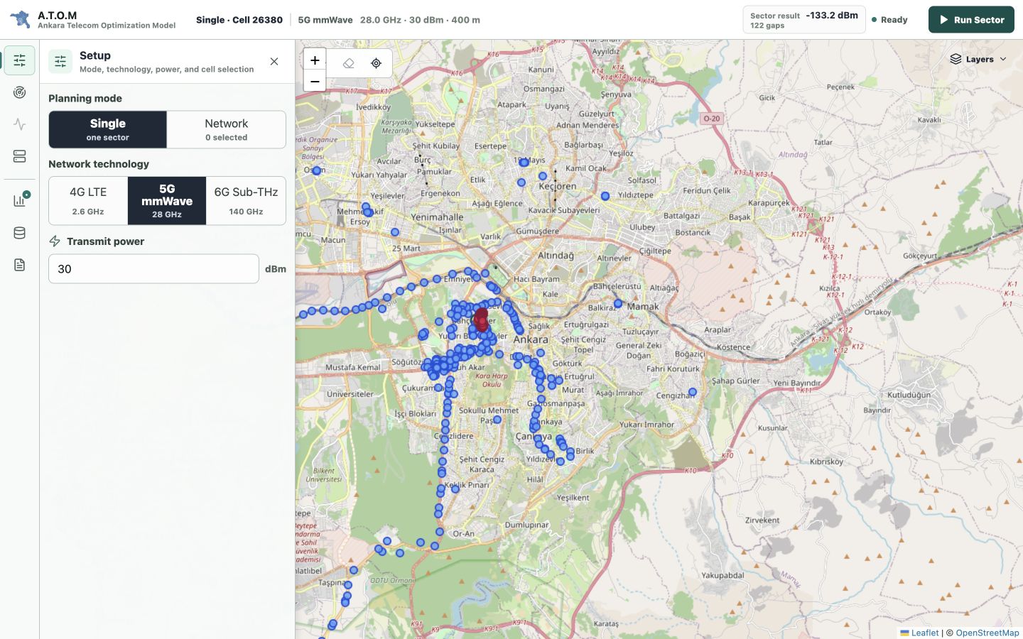 The current A.T.O.M focused workspace showing the tool rail, overlay drawer, and Ankara map