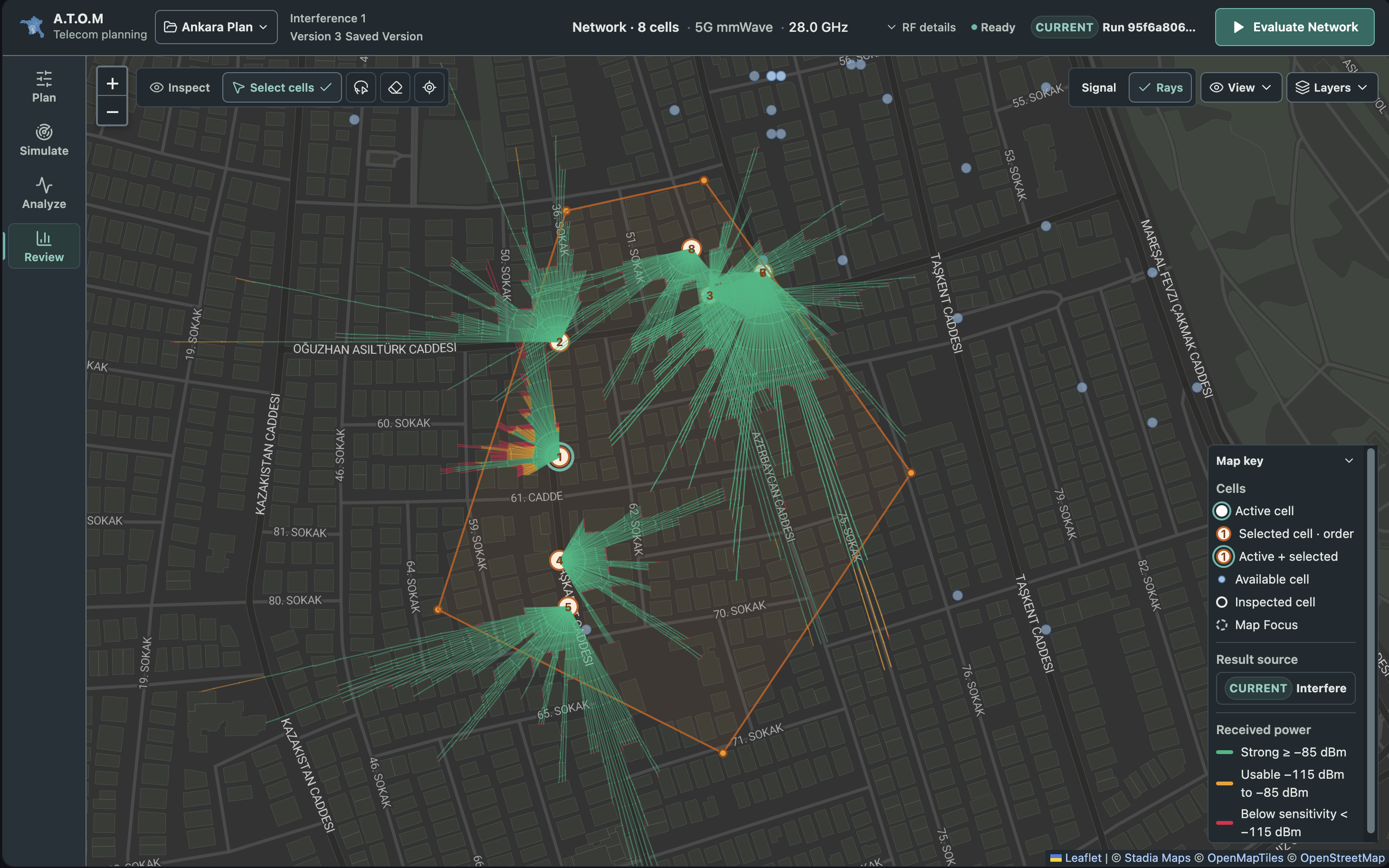 A.T.O.M dark network workspace showing eight selected cells, propagation rays, and the map key